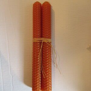1 pair, Bees Wax candles, Orange, Honeycomb pattern, Hand Rolled, 8"